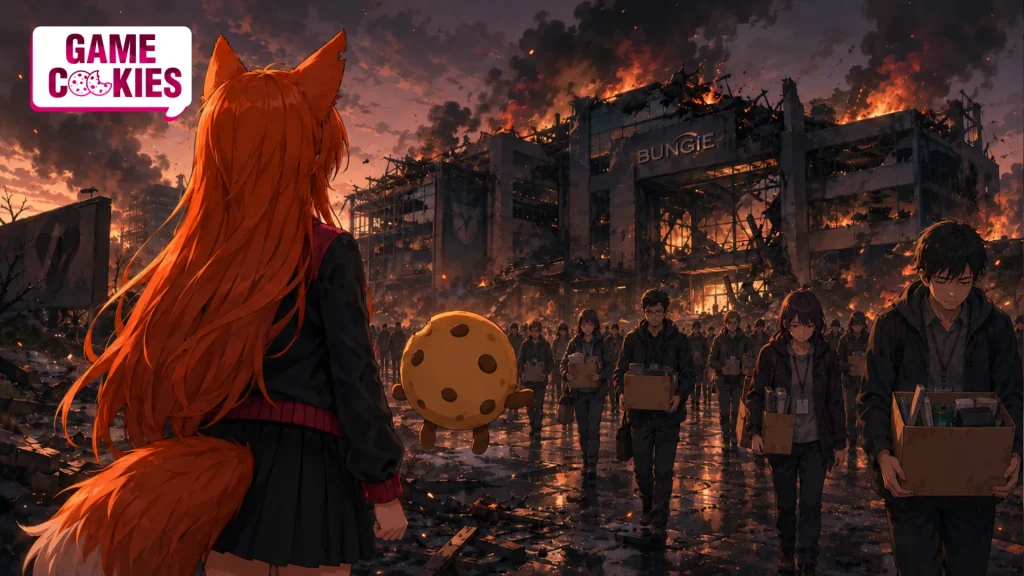 Kiki and Chip watch a burning Bungie building as laid-off employees carry their belongings away from the studio.
