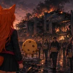 Kiki and Chip watch a burning Bungie building as laid-off employees carry their belongings away from the studio.