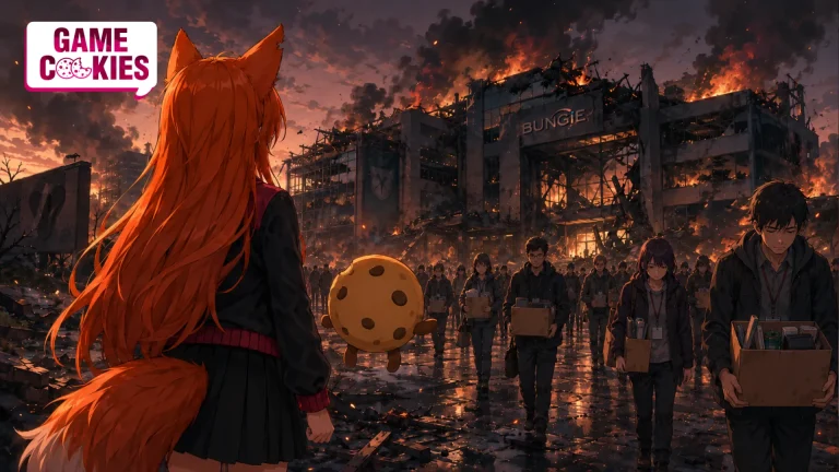 Kiki and Chip watch a burning Bungie building as laid-off employees carry their belongings away from the studio.