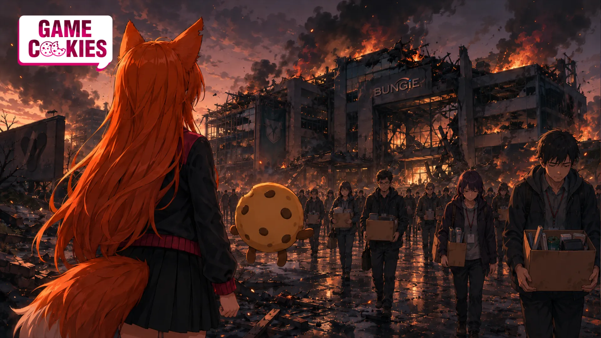 Kiki and Chip watch a burning Bungie building as laid-off employees carry their belongings away from the studio.