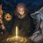 Kiki and Chip sit with Melina and Ranni around a glowing Site of Grace in an Elden Ring-inspired anime scene.
