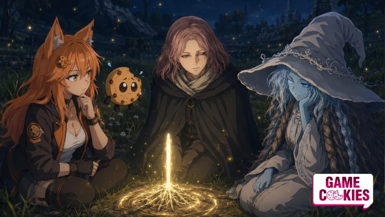 Kiki and Chip sit with Melina and Ranni around a glowing Site of Grace in an Elden Ring-inspired anime scene.