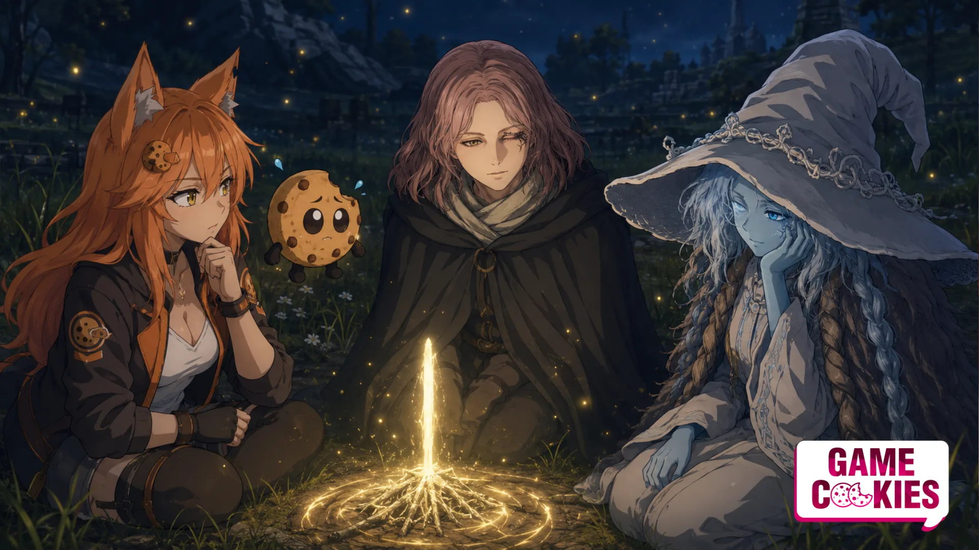 Kiki and Chip sit with Melina and Ranni around a glowing Site of Grace in an Elden Ring-inspired anime scene.