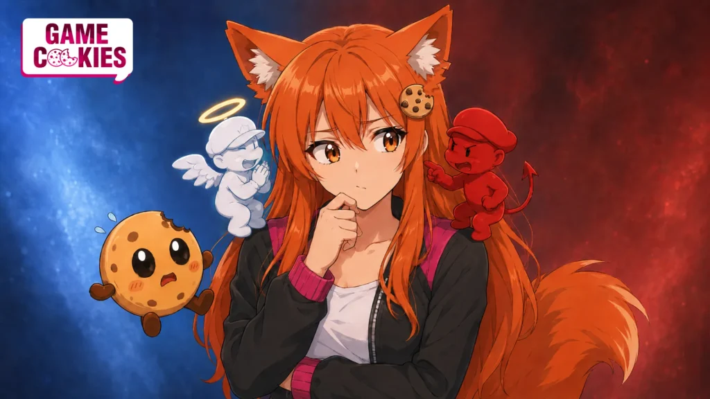 Kiki from Game Cookies looks conflicted while angel and devil Mario-like figures argue on her shoulders, with Chip panicking beside her.