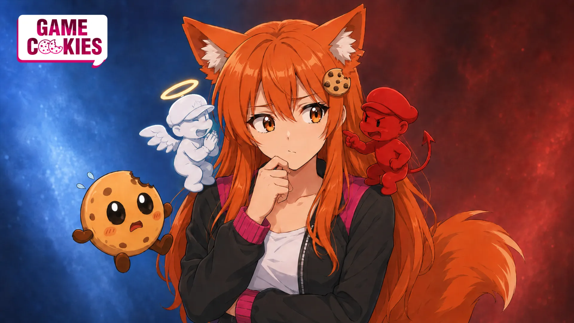 Kiki from Game Cookies looks conflicted while angel and devil Mario-like figures argue on her shoulders, with Chip panicking beside her.
