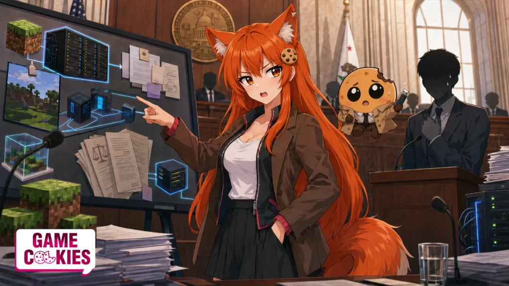 Kiki presents evidence about private game servers in a courtroom-style hearing while Chip nervously holds a USB drive beside server diagrams and voxel blocks.