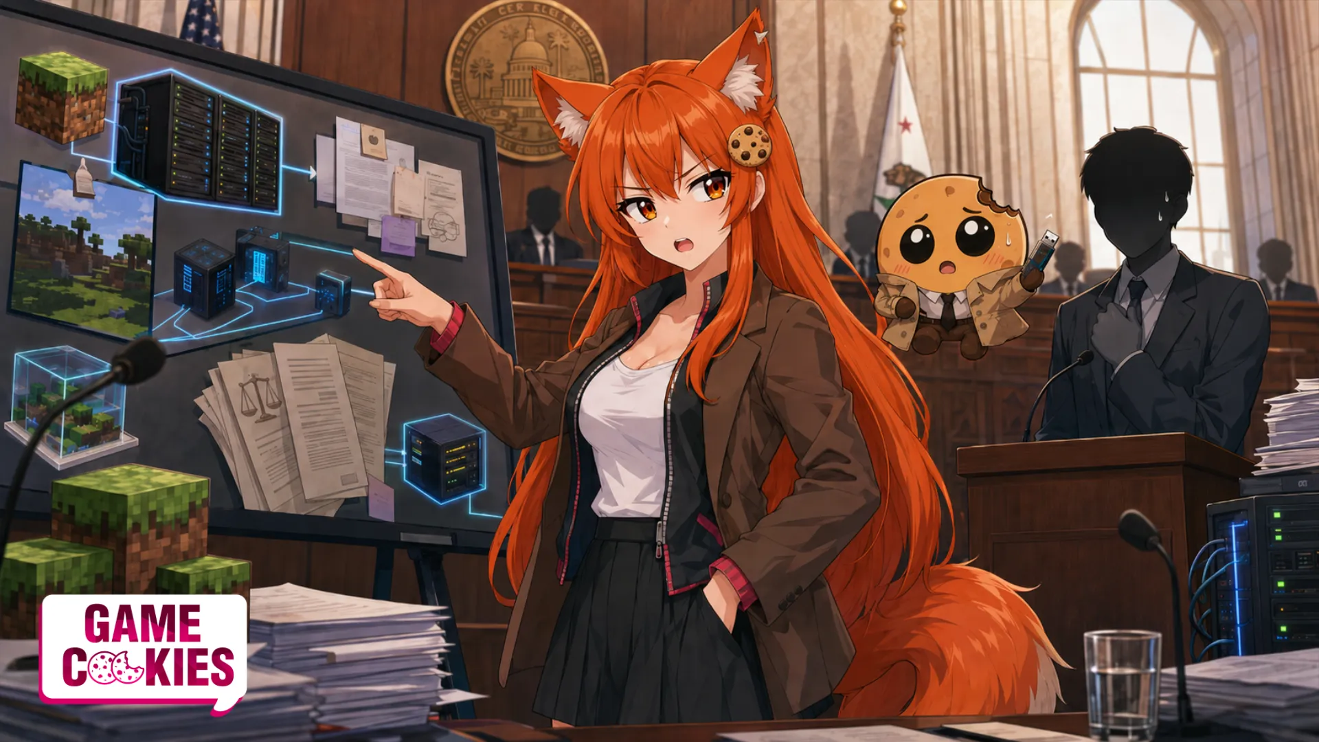 Kiki presents evidence about private game servers in a courtroom-style hearing while Chip nervously holds a USB drive beside server diagrams and voxel blocks.