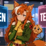 Anime-style Game Cookies illustration of Kiki cosplaying Rogue, standing between two glowing debate panels labeled “X-MEN” and “TEAM X,” while Chip floats beside her looking worried in a comic-newsroom setting.