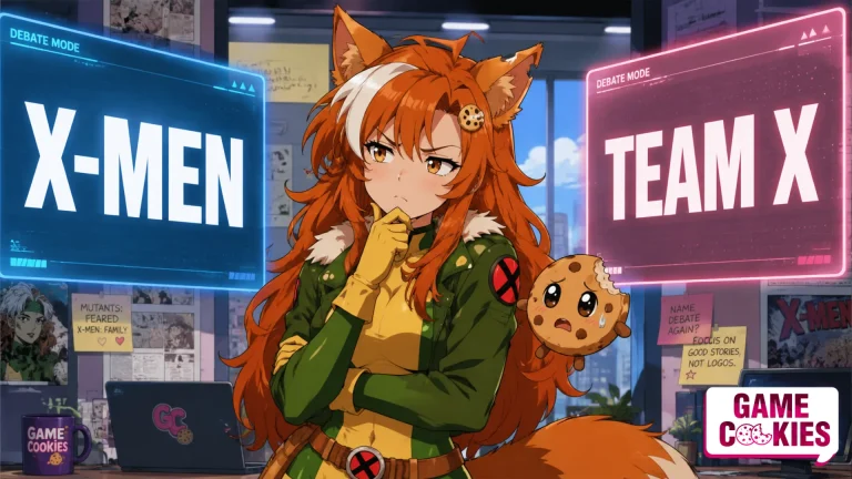 Anime-style Game Cookies illustration of Kiki cosplaying Rogue, standing between two glowing debate panels labeled “X-MEN” and “TEAM X,” while Chip floats beside her looking worried in a comic-newsroom setting.