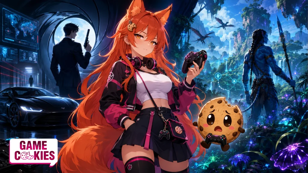 Kiki stands between a Bond-inspired spy mission scene and an Avatar-inspired alien jungle, holding a controller while Chip reacts nervously beside her.