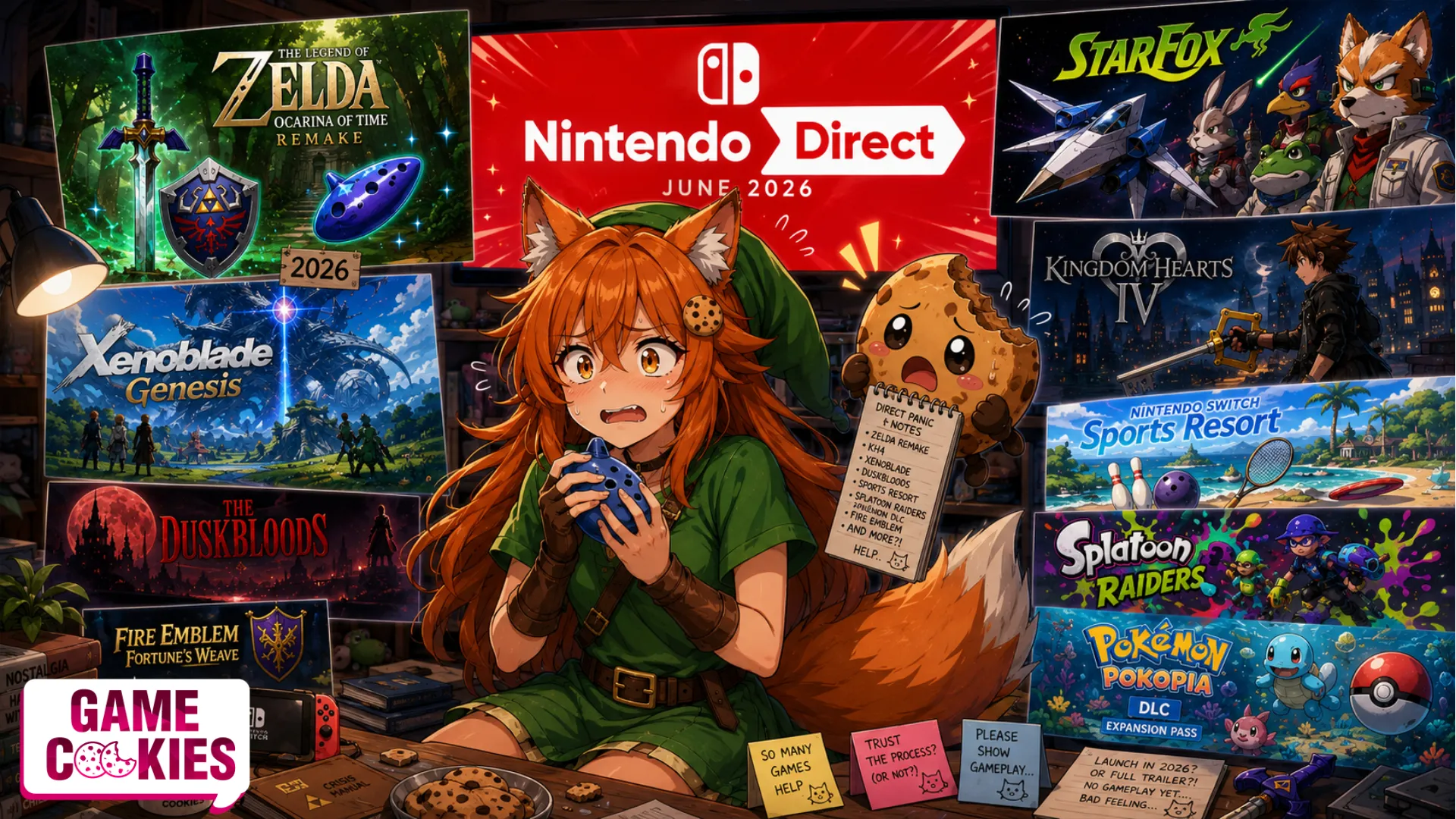 Kiki in a Kokiri-inspired green tunic panics while watching a Nintendo Direct packed with Zelda, Star Fox, Kingdom Hearts, Xenoblade, Pokémon, Splatoon, Fire Emblem, and other Switch 2 announcements.