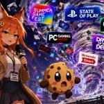 Kiki, the Game Cookies fox-girl reporter, and Chip, her panicked cookie companion, stand before a massive gaming news tornado filled with event logos, trailers, and showcase chaos.