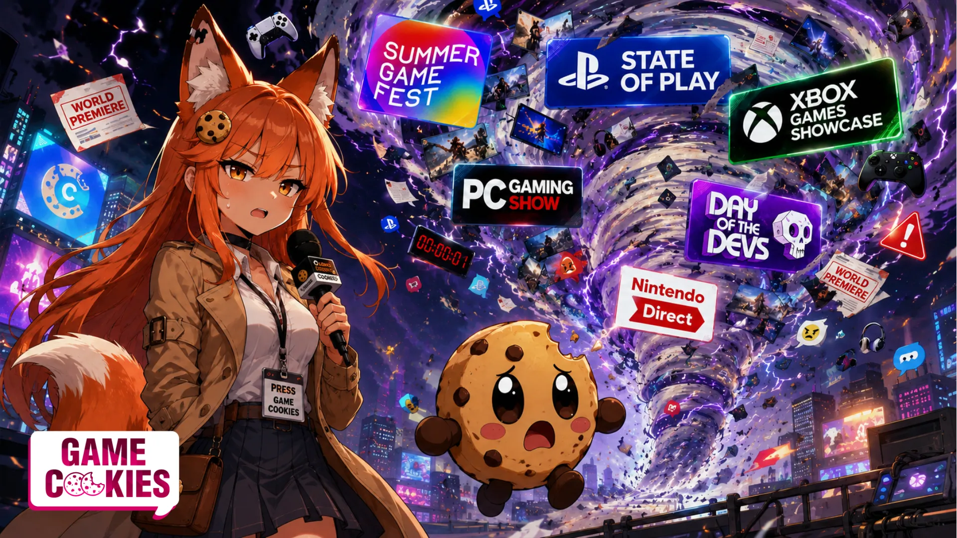Kiki, the Game Cookies fox-girl reporter, and Chip, her panicked cookie companion, stand before a massive gaming news tornado filled with event logos, trailers, and showcase chaos.