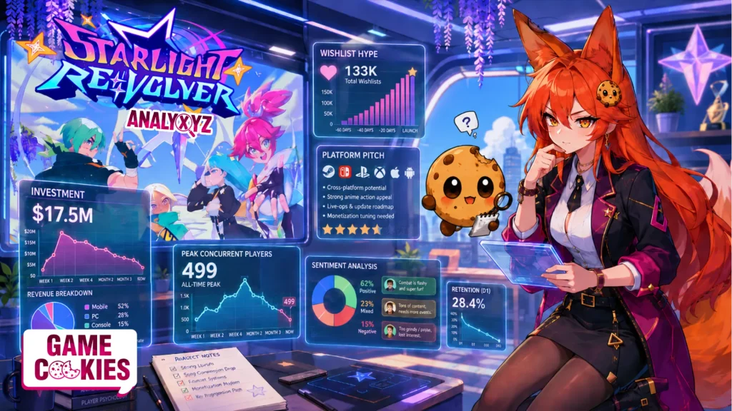 Kiki and Chip analyze holographic data panels for Starlight Re:Volver, showing $17.5M investment, 499 peak players, wishlist hype, platform pitch, sentiment, and retention data.