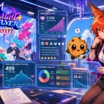 Kiki and Chip analyze holographic data panels for Starlight Re:Volver, showing $17.5M investment, 499 peak players, wishlist hype, platform pitch, sentiment, and retention data.