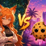 Kiki and Chip stare unimpressed at a split fantasy forest and neon crime-city backdrop with a glowing VS between Zelda-inspired and GTA-inspired worlds.
