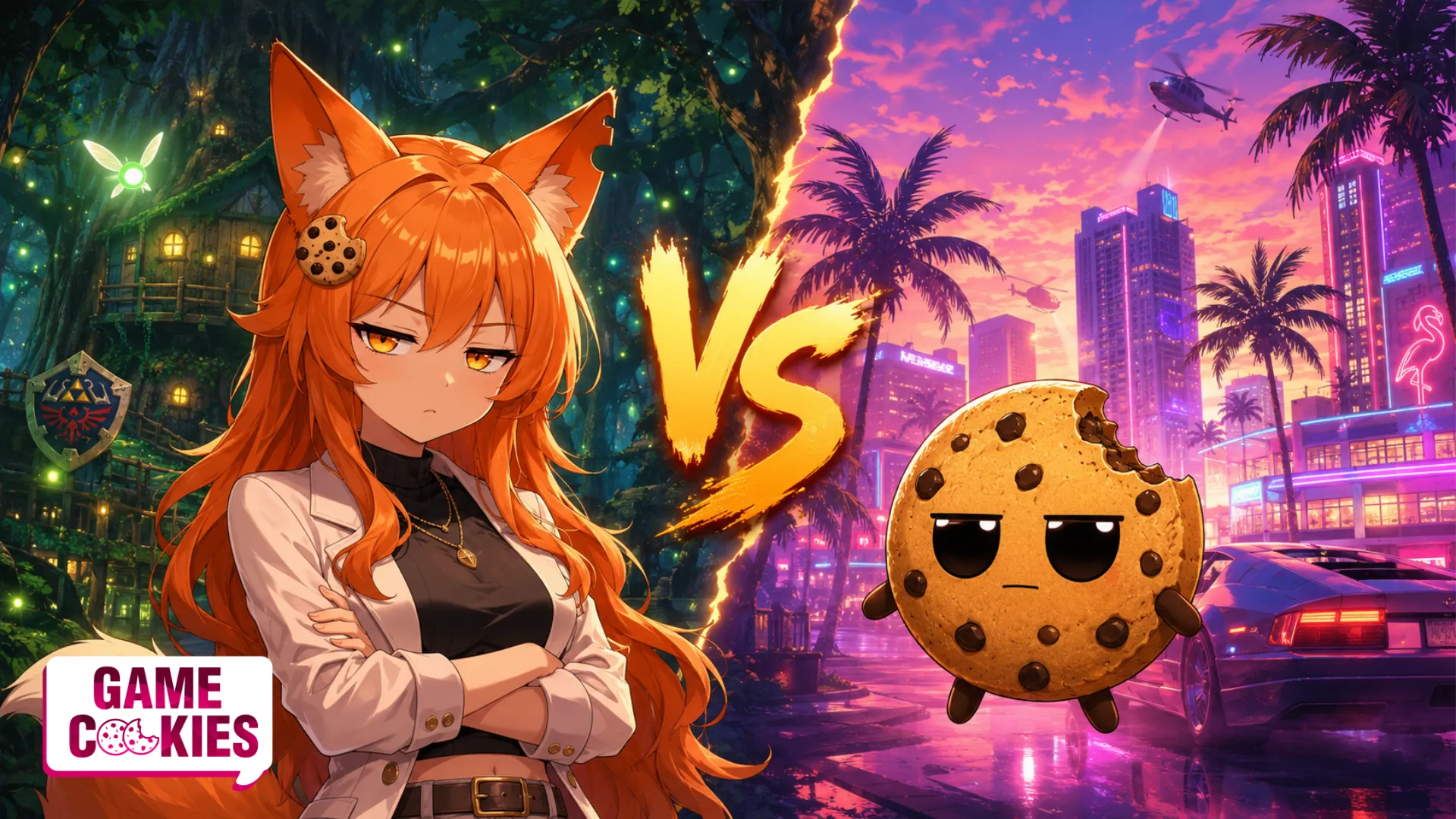 Kiki and Chip stare unimpressed at a split fantasy forest and neon crime-city backdrop with a glowing VS between Zelda-inspired and GTA-inspired worlds.