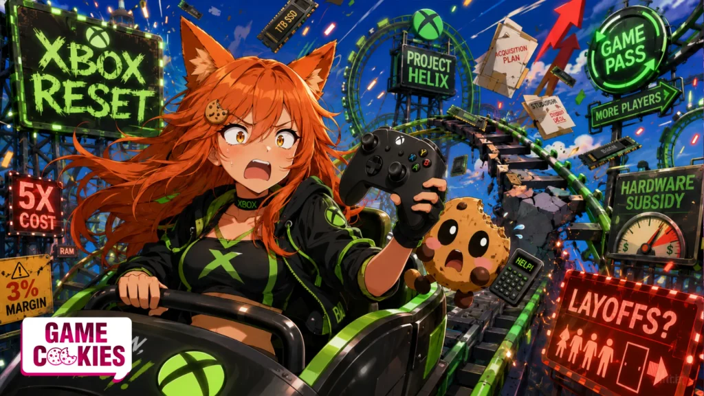 Kiki rides a chaotic Xbox-themed rollercoaster while Chip panics beside signs for Xbox Reset, Project Helix, Game Pass, rising costs, hardware subsidy, and layoffs.