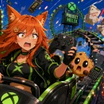 Kiki rides a chaotic Xbox-themed rollercoaster while Chip panics beside signs for Xbox Reset, Project Helix, Game Pass, rising costs, hardware subsidy, and layoffs.