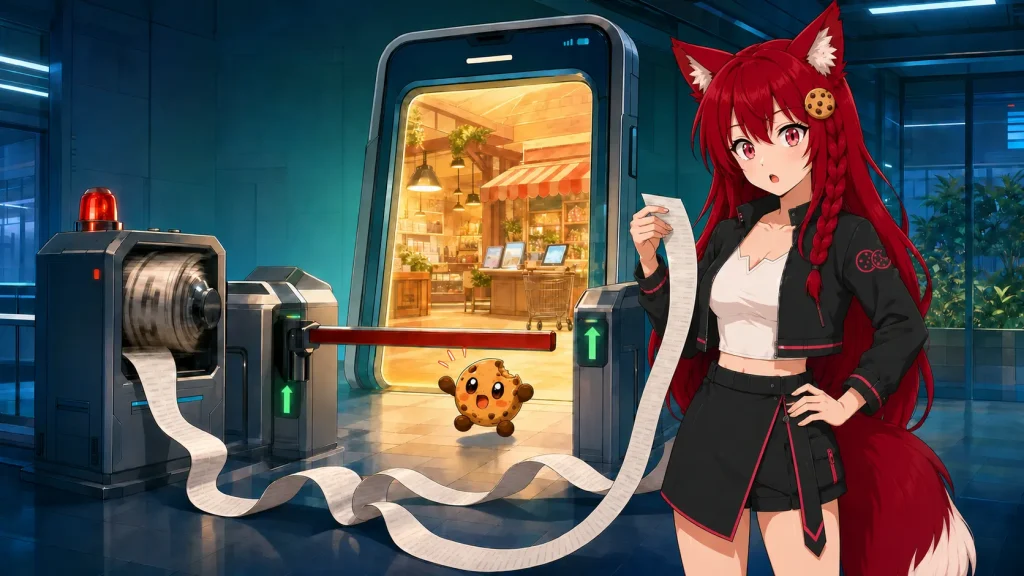 Anime-style illustration of Kiki reading an enormous receipt beside a smartphone-shaped app-store gateway, while a red toll barrier stops Chip from reaching a warmly lit independent shop.