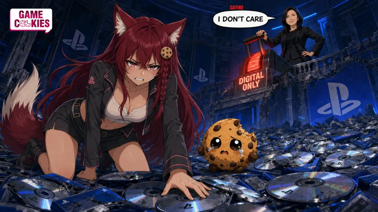atirical anime illustration of Lin Tao pulling a red Digital Only lever beneath a speech balloon labeled Satire that says I Don’t Care, while defeated Kiki and Chip kneel among piles of PlayStation discs.