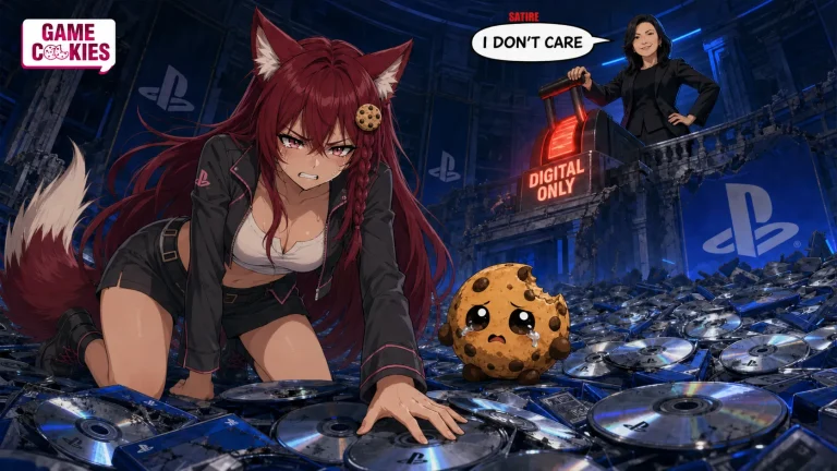 atirical anime illustration of Lin Tao pulling a red Digital Only lever beneath a speech balloon labeled Satire that says I Don’t Care, while defeated Kiki and Chip kneel among piles of PlayStation discs.