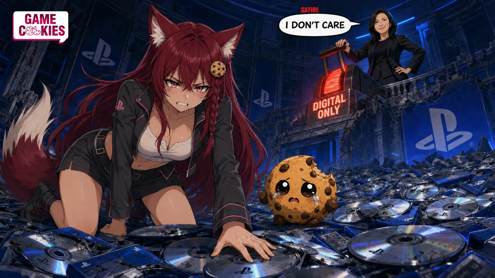 atirical anime illustration of Lin Tao pulling a red Digital Only lever beneath a speech balloon labeled Satire that says I Don’t Care, while defeated Kiki and Chip kneel among piles of PlayStation discs.