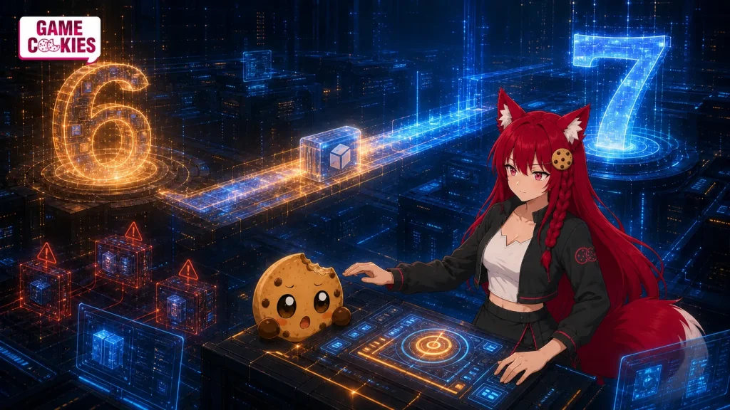 Kiki and Chip examine a glowing bridge from Unity 6 to Unity 7 while red warning modules suggest possible upgrade risks.