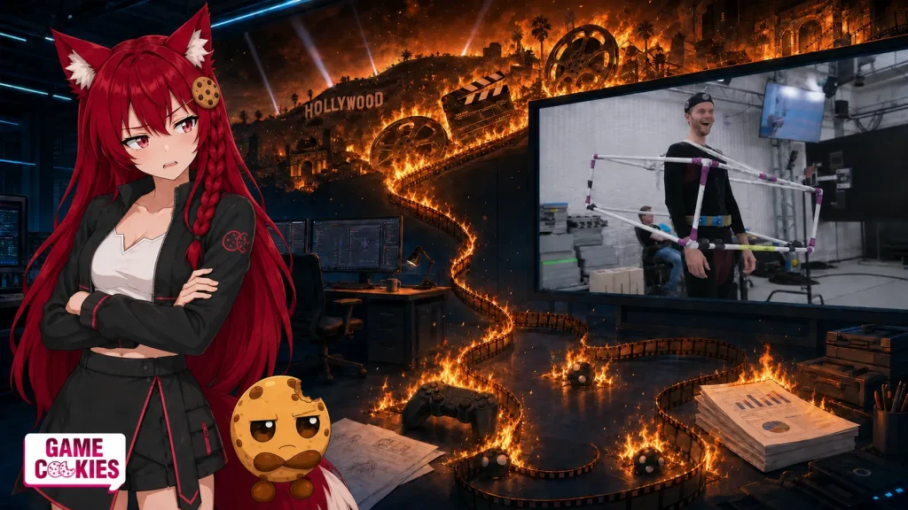 Kiki and Chip look disgusted as burning Hollywood film reels send a fiery film strip into a game studio, while a monitor shows a motion-capture actor inside a cube rig.