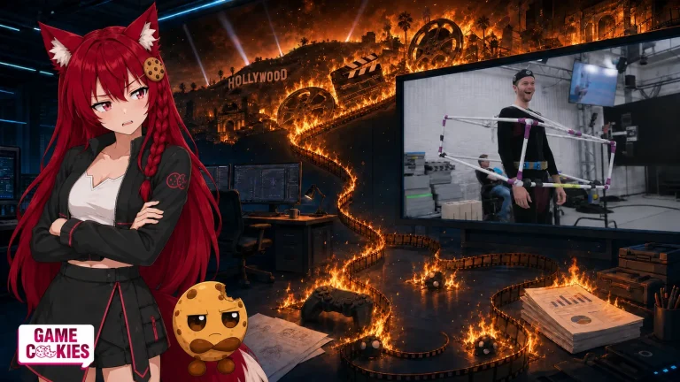 Kiki and Chip look disgusted as burning Hollywood film reels send a fiery film strip into a game studio, while a monitor shows a motion-capture actor inside a cube rig.