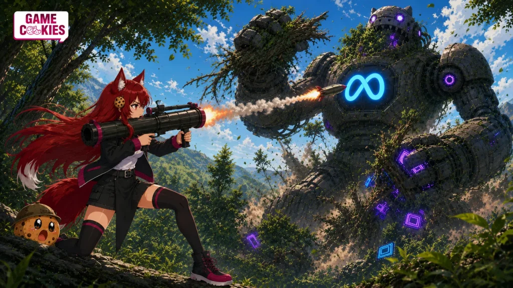 Kiki fires a shoulder-mounted rocket toward the Meta logo on a giant robot holding an uprooted tree while Chip shelters behind a rock in a mountain forest.