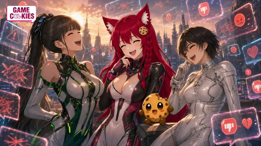 Eve, Evie, and orange-haired fox woman Kiki laugh with Chip while angry holographic comments surround them in a sunset cyberpunk city.
