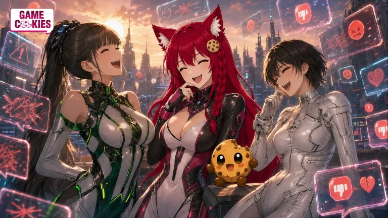 Eve, Evie, and orange-haired fox woman Kiki laugh with Chip while angry holographic comments surround them in a sunset cyberpunk city.