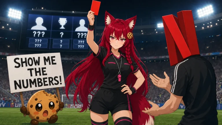 Kiki raises a red card at a soccer player with a Netflix N for a head while Chip holds a “SHOW ME THE NUMBERS!” sign beside a stadium scoreboard filled with question marks.
