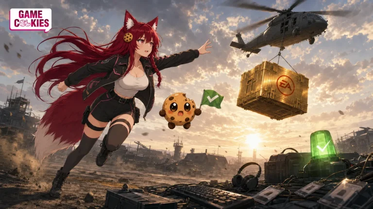 Kiki runs across a battle-scarred airfield toward an EA-marked gold reward crate being airlifted as Chip holds a green checkmark flag beside abandoned work gear.