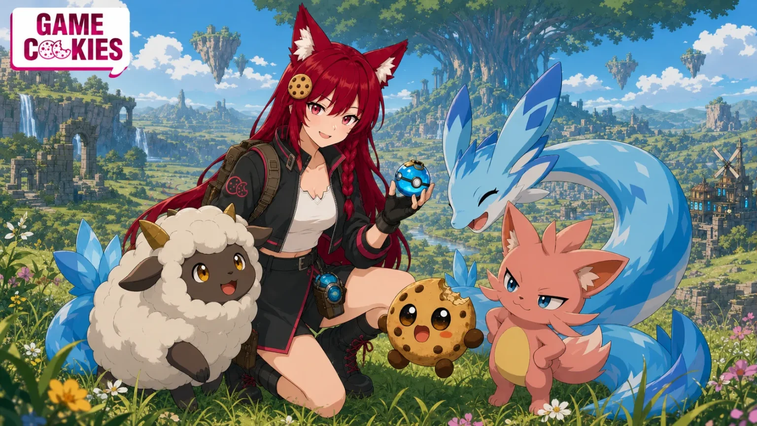 Kiki holds a Pal Sphere beside Chip, Lamball, Cattiva, and Chillet, with the World Tree and floating islands behind them.