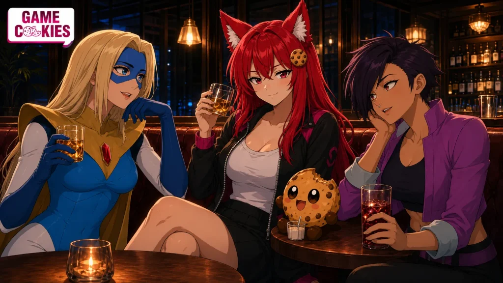 Kiki shares drinks with Blonde Blazer and Invisigal in a warmly lit bar while Chip sits beside her.