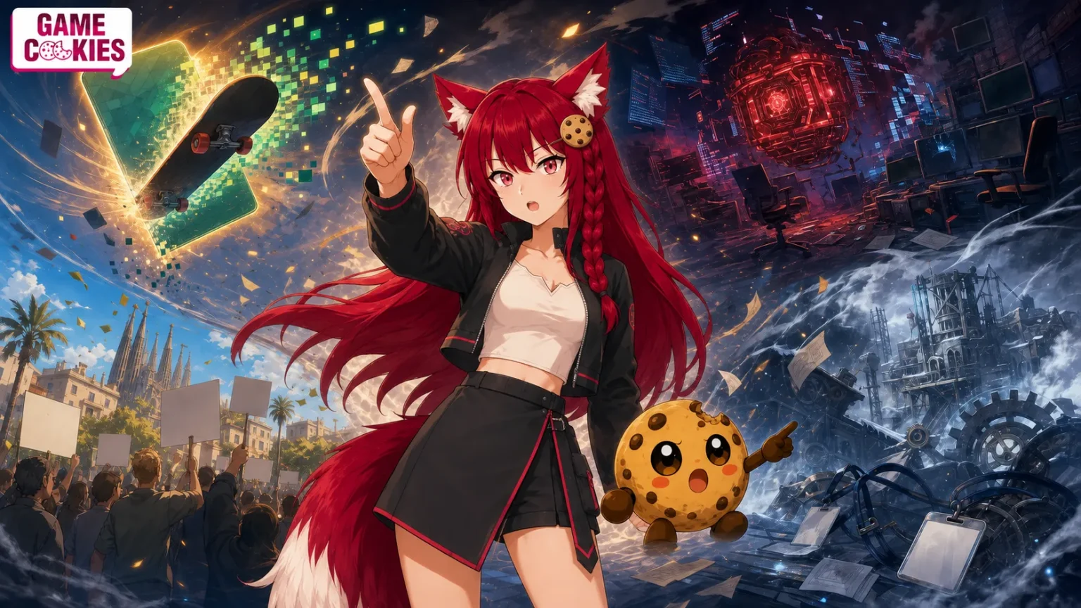 Kiki and Chip surrounded by a skateboard disappearing into pixels, empty game studio workstations, striking workers with blank signs, and an icy industrial development site.