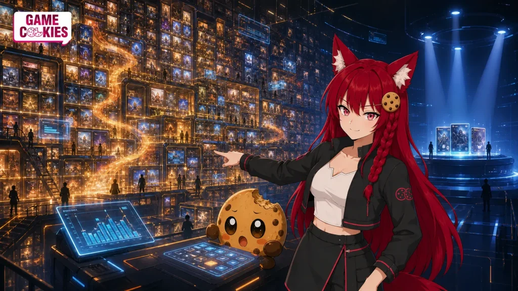 Kiki points toward an enormous glowing PC game library while Chip analyzes the smaller new-release section.