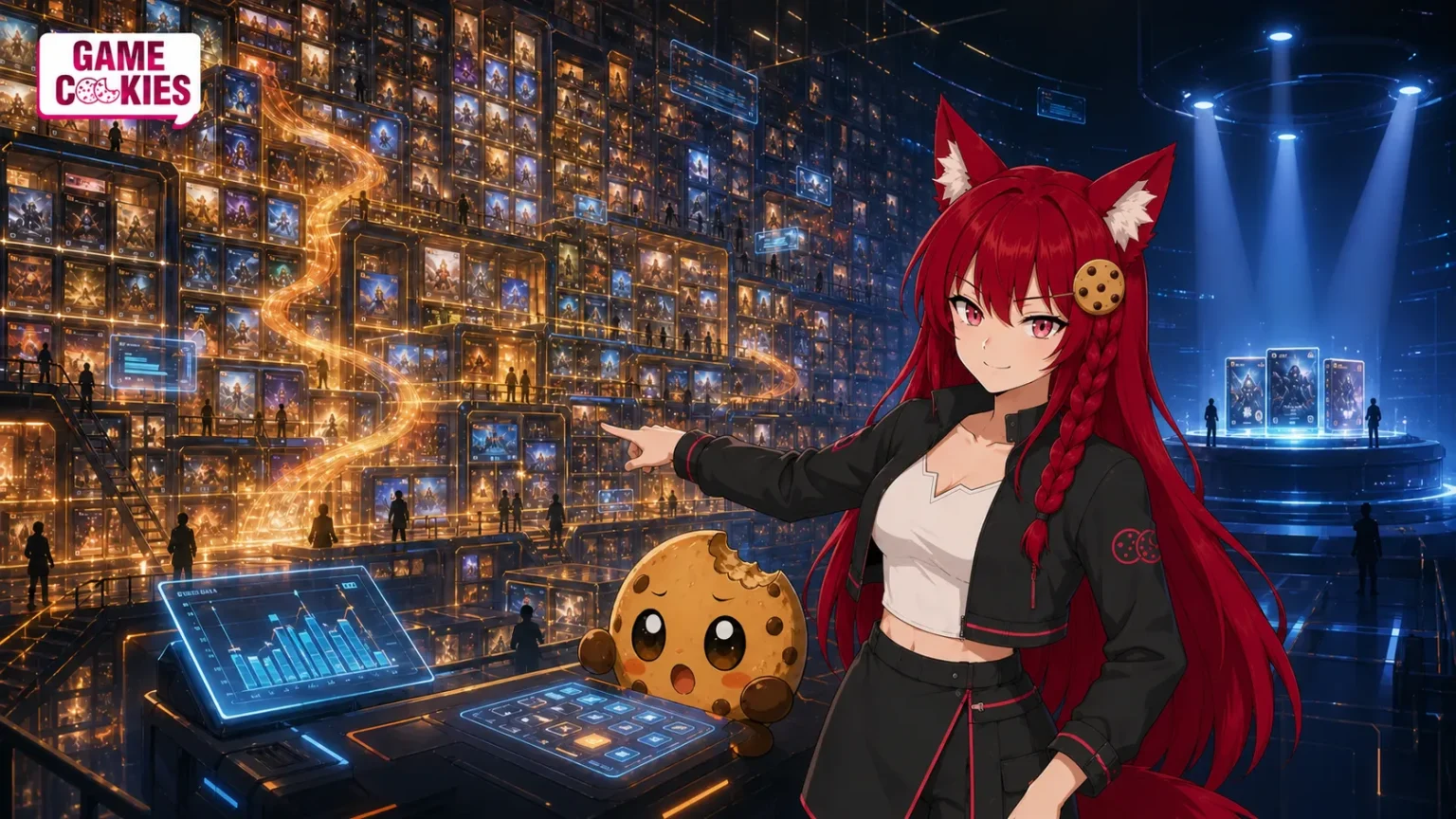 Kiki points toward an enormous glowing PC game library while Chip analyzes the smaller new-release section.