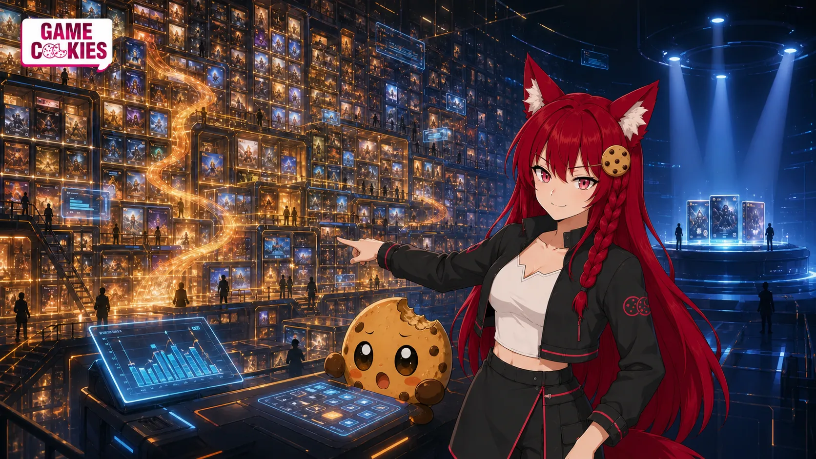 Kiki points toward an enormous glowing PC game library while Chip analyzes the smaller new-release section.