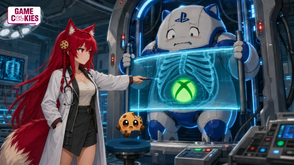 Doctor Kiki points at a glowing Xbox logo inside the X-ray abdomen of a nervous blue-and-white PlayStation monster while Chip reacts with a clipboard.