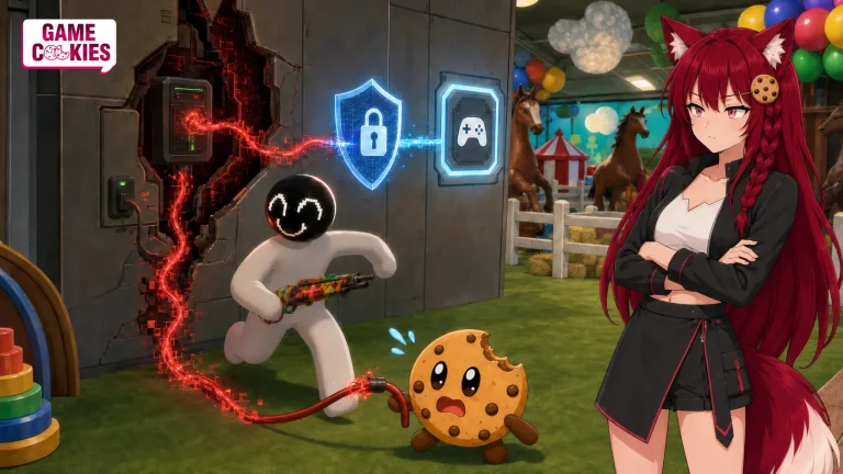 Kiki and Chip confront a MECCHA CHAMELEON character as a security shield blocks malware from a malicious custom map.