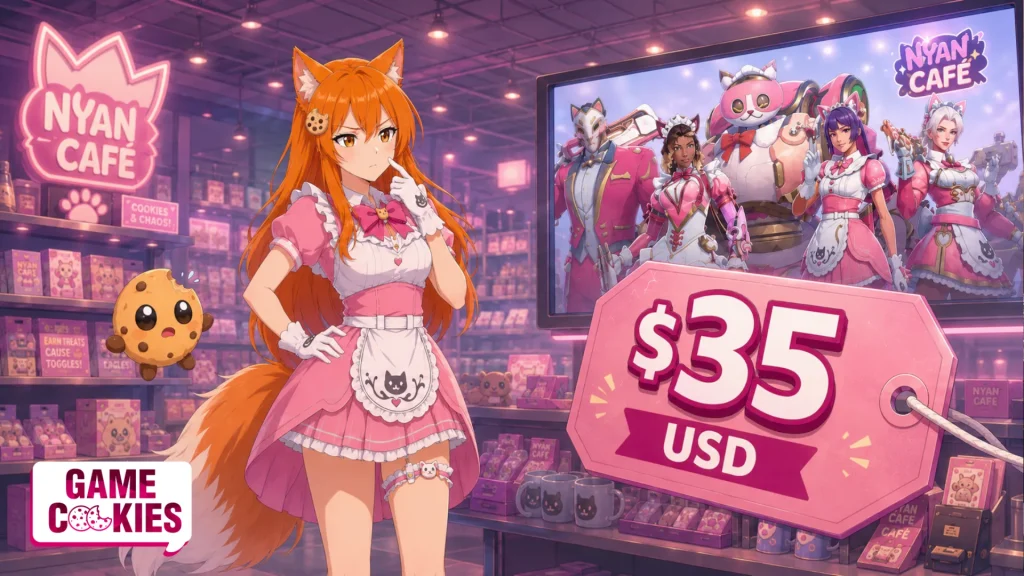 Kiki from Game Cookies wearing a pink Nyan Café-inspired costume beside Chip, reacting to a giant $35 USD price tag while Overwatch-style cat café skins appear on a monitor behind them.