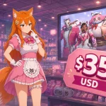 Kiki from Game Cookies wearing a pink Nyan Café-inspired costume beside Chip, reacting to a giant $35 USD price tag while Overwatch-style cat café skins appear on a monitor behind them.