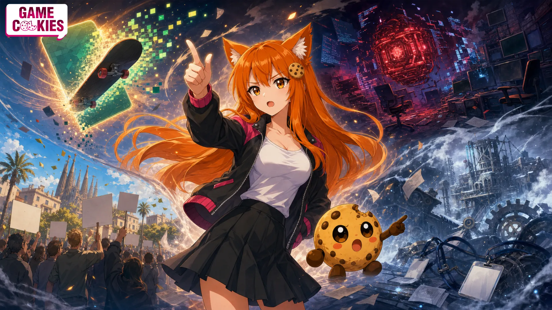 Kiki and Chip surrounded by a skateboard disappearing into pixels, empty game studio workstations, striking workers with blank signs, and an icy industrial development site.