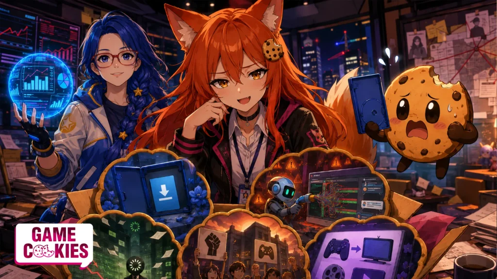 Kiki, Byte, and Chip open a chaotic Game Cookies news box filled with panels about digital games, AI code slop, Xbox layoffs, labor strikes, and game adaptations.