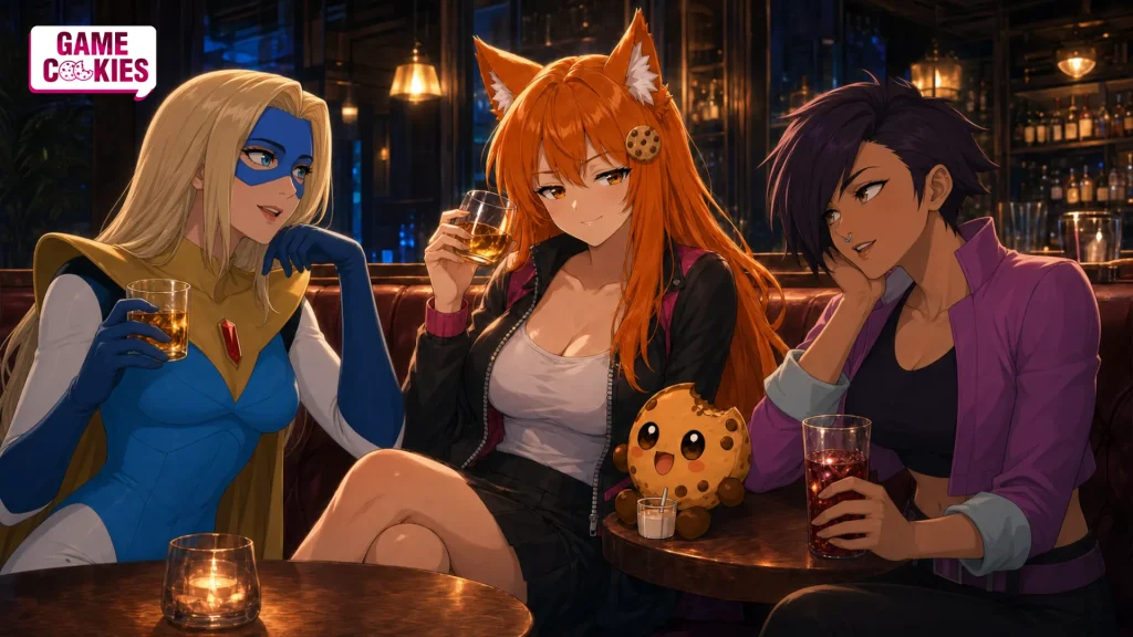 Kiki shares drinks with Blonde Blazer and Invisigal in a warmly lit bar while Chip sits beside her.