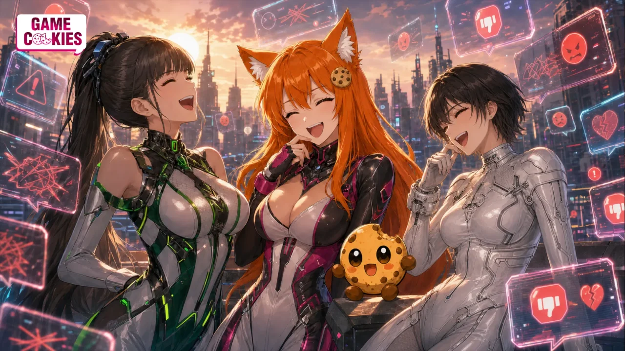 Eve, Evie, and orange-haired fox woman Kiki laugh with Chip while angry holographic comments surround them in a sunset cyberpunk city.