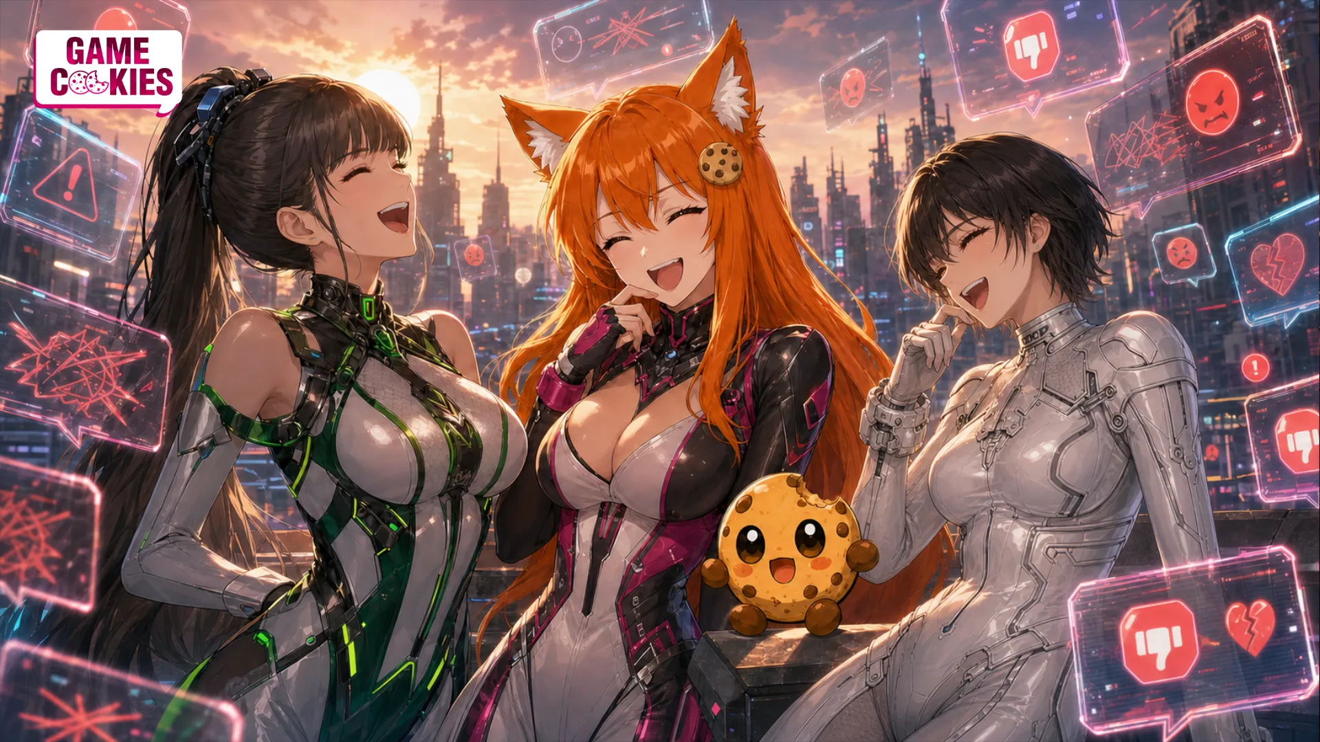 Eve, Evie, and orange-haired fox woman Kiki laugh with Chip while angry holographic comments surround them in a sunset cyberpunk city.